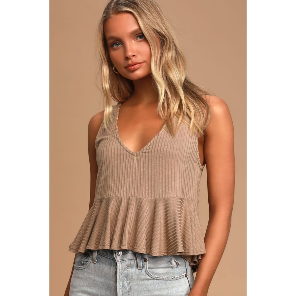 Lulu's Gwynne Taupe Ribbed V-Neck Ruffled Cropped Tank Top
